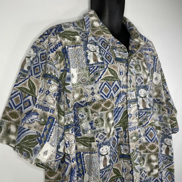 Vintage 80s Diamond Head Hawaiian Shirt Size 2XL Lucky Cat Frog Tapa Reverse - Picture 4 of 8